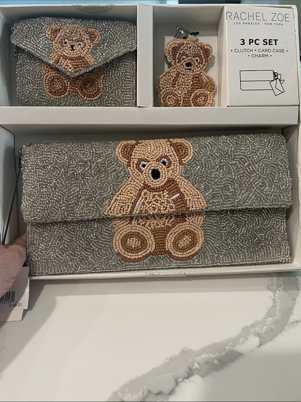 Rachel Zoe Silver Beaded Teddy Bear 3-Piece Clutch Set - Picture 5 of 7